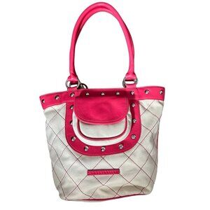 Coccinelle Cloth Handbag Pink Leather Natural Linen 12"